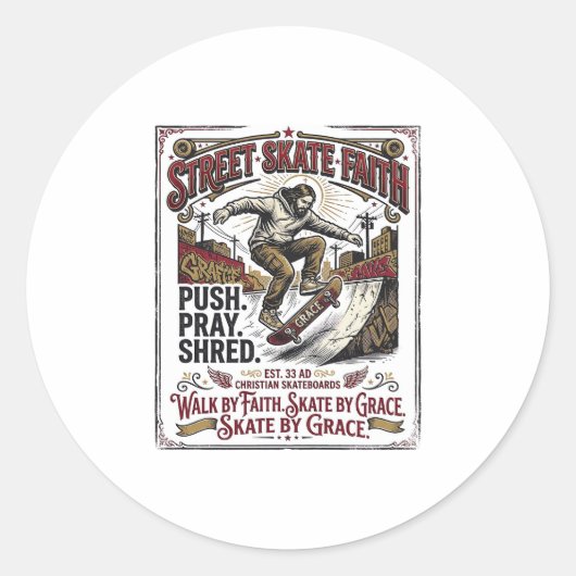Jesus Skate Longboard T-shirt Christelijk Ronde Sticker (Voorkant)
