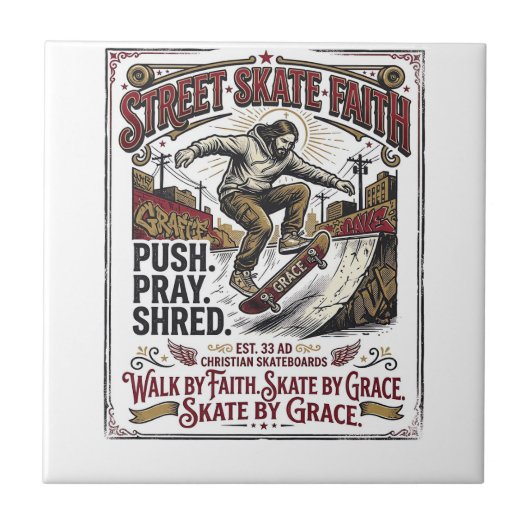 Jesus Skate Longboard T-shirt Christen Tegeltje (Voorkant)