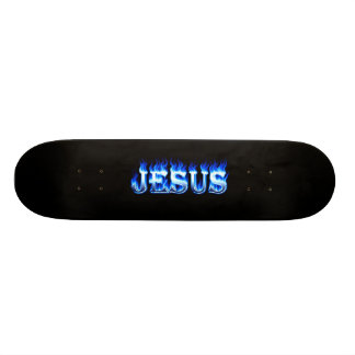 Jesus skateboard blauw vuur en vlammen ontwerp.