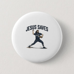Jesus Slaat Honkbal Pitcher Vintage Gravure T-Shir Ronde Button 5,7 Cm