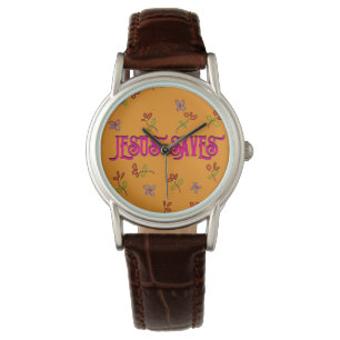 ‘Jesus Slaat Op’ Quote Bloemendruk op Geel Horloge