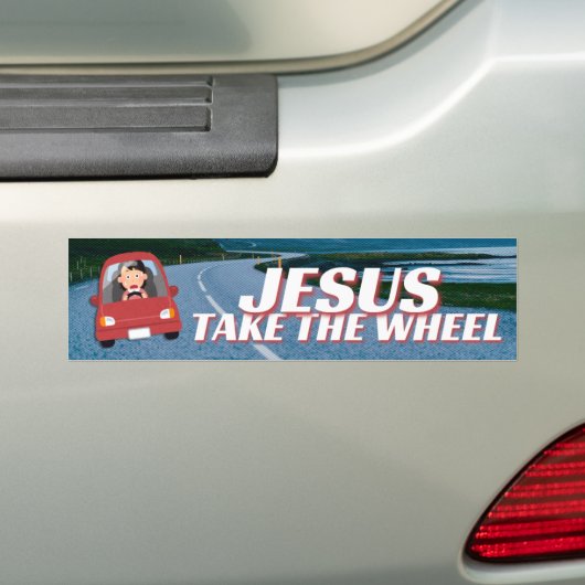 Jesus Take the Wheel Funny Cartoon Christelijk Bumpersticker (Op auto)