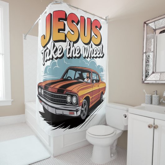 Jesus Take the Wheel Muscle Car Douchegordijn (In situ)