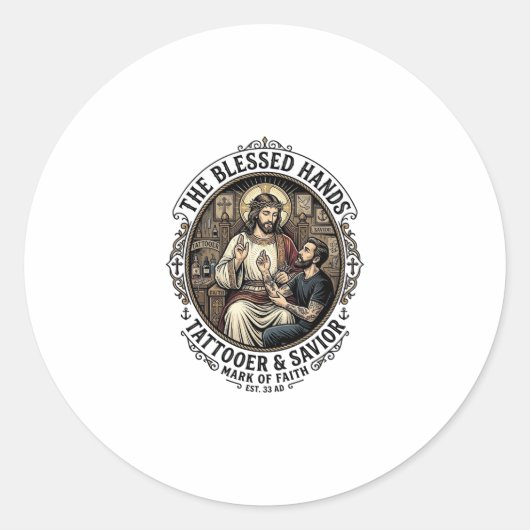Jesus Tattoo Artist Studio T-Shirt Inspirerend F Ronde Sticker (Voorkant)