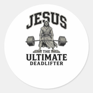 Jesus ultieme deadlifter vintage gymshirt ontwerp ronde sticker