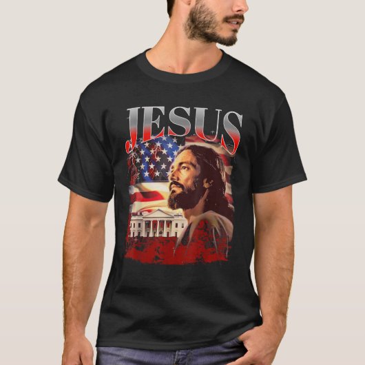 Jesus USA America Patriot Meme 90s Bootleg Rap Mer T-shirt (Voorkant)