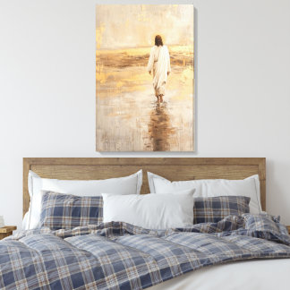 Jesus walks on the water in white clothes canvas afdruk