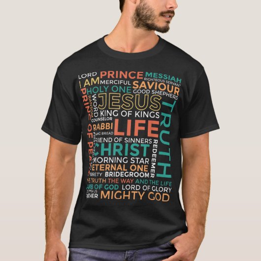 Jesus Word Art Names of Christ Design T-shirt (Voorkant)