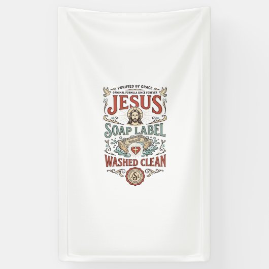 Jesus Zeep Label Gewassen Schoon Jezus Zeep Gewass Spandoek (Verticaal)