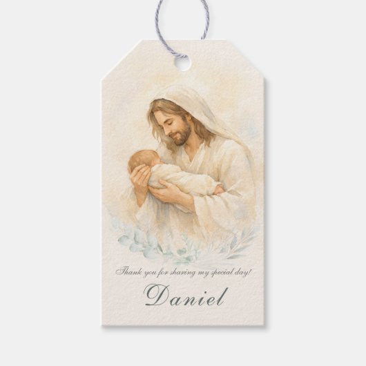 Jesuskindje vasthoudend Doop Bedankt Favor Tag Cadeaulabel (Voorkant)