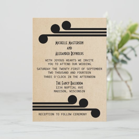 Jet Black Deco Chic Wedding Invite Kaart (Staand voorkant)