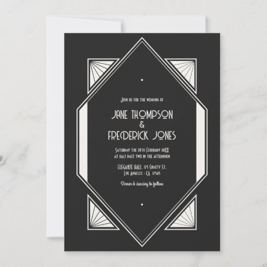 Jet Black & Ivory Linen Art Deco Wedding Photo Kaart (Voorkant)