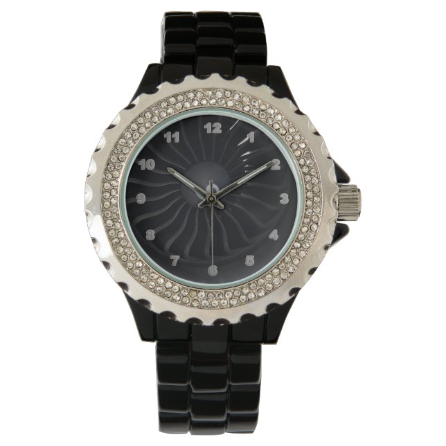Jet Engine Rhinestone Black Enamel Horloge (Voorkant)