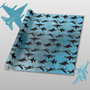 Jet Vliegtuig Zwart Blauw Militaire waterverf Cadeaupapier