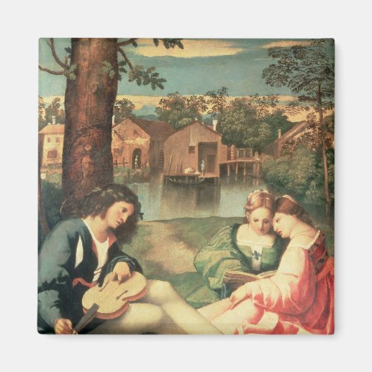 Jeugd met gitaar en twee meisjes die zitten magneet (Voorkant)