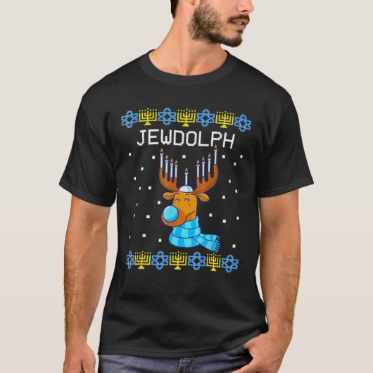 Jewdolph Hanukkah Sweater Reindeer Menorah Winters T-shirt (Voorkant)