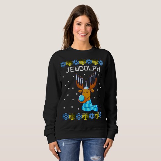 Jewdolph Ugly Hanukkah Sweater Reindeer Menorah Ch (Voorkant volledig)