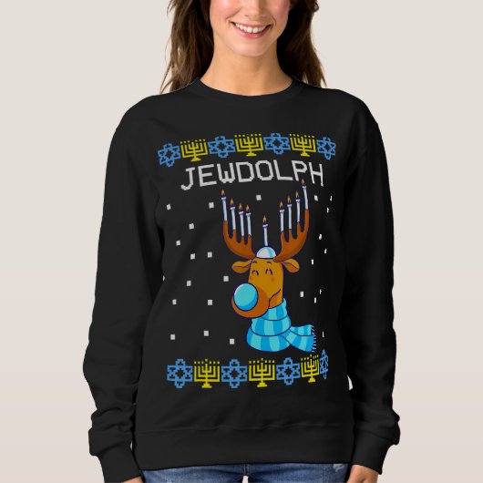 Jewdolph Ugly Hanukkah Sweater Reindeer Menorah Ch (Voorkant)