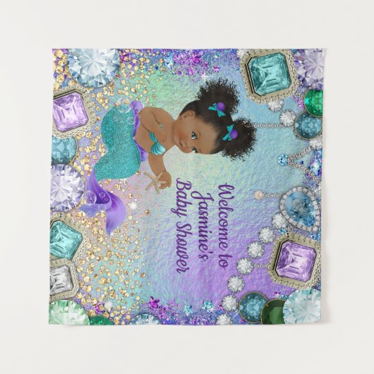 Jewel Afro Zeemeermin Baby Shower Banner Wandkleed (Voorkant (horizontaal))