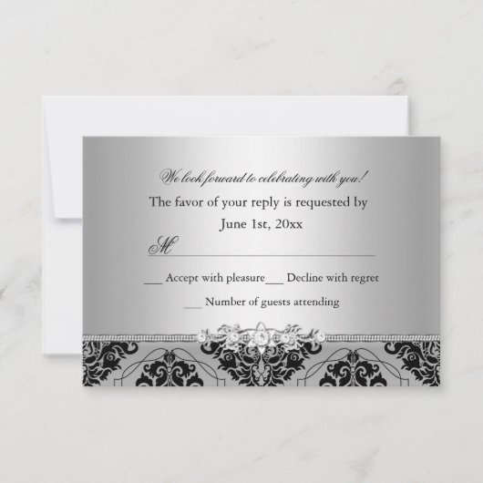Jewel & Black Damask Zilveren RSVP (Voorkant)