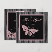 Jewel Butterfly Roze Zwarte Baby Meisje Douche Kaart (Voorkant / Achterkant)