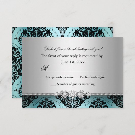 Jewel Damask Teal & Silver RSVP (Voorkant / Achterkant)