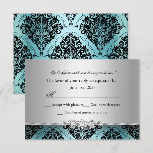 Jewel Damask Teal & Silver RSVP Kaartje (Voorkant / Achterkant)