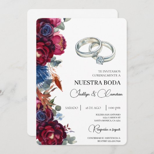 Jewel Floral Spaanse bruiloft uitnodiging (Voorkant / Achterkant)