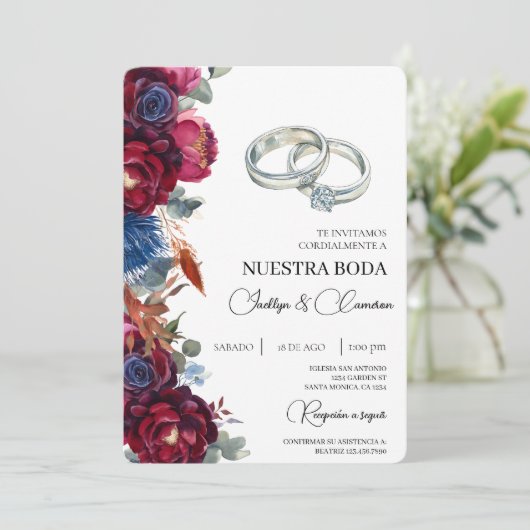 Jewel Floral Spaanse bruiloft uitnodiging (Staand voorkant)