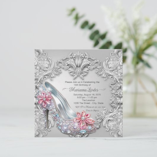 Jewel High Heel Schoen Quinceañera Verjaardagsfees Kaart (Staand voorkant)