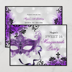 Jewel Masker & Damask Paars Masquerade Sweet 16 Kaart