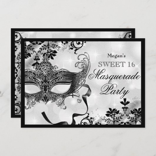 Jewel Masker & Damask Silver Masquerade Sweet 16 Kaart (Voorkant / Achterkant)