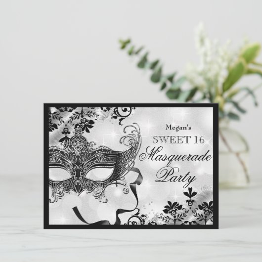 Jewel Masker & Damask Silver Masquerade Sweet 16 Kaart (Staand voorkant)