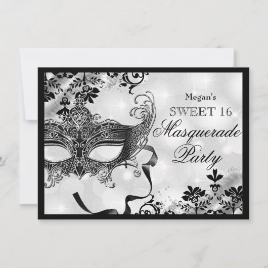 Jewel Masker & Damask Silver Masquerade Sweet 16 Kaart (Voorkant)