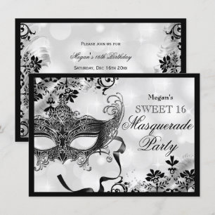 Jewel Masker & Damask Silver Masquerade Sweet 16 Kaart