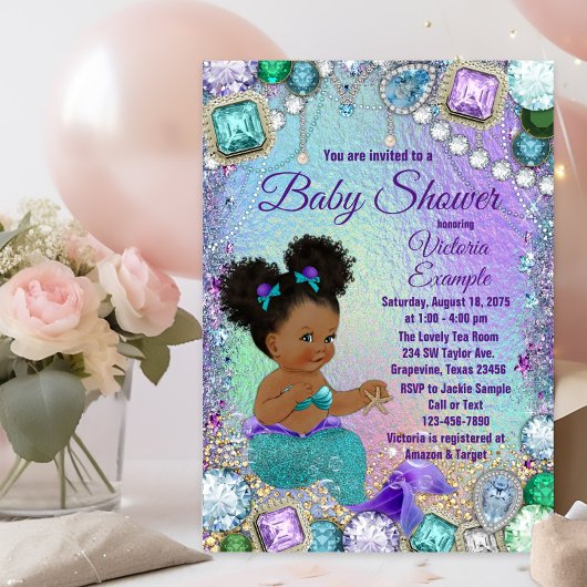Jewel Mermaid Afro Hair Baby shower Kaart
