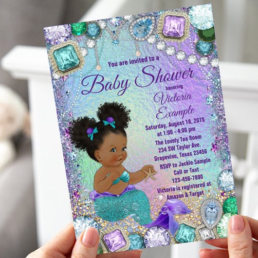 Jewel Mermaid Afro Hair Baby shower Kaart