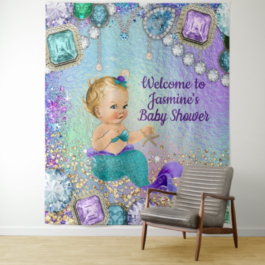 Jewel Mermaid Baby shower Achtergrond Banner Wandkleed (In situ)