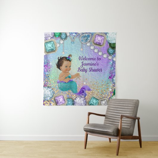 Jewel Mermaid Baby Shower Achtergrond Wandkleed (In situ)