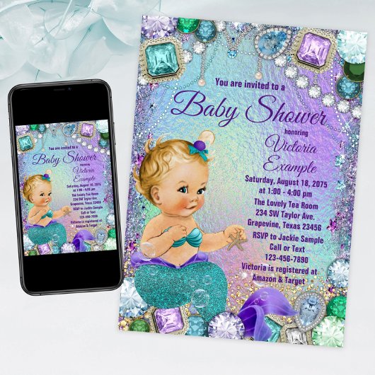 Jewel Mermaid Blond Mermaid Baby shower Kaart