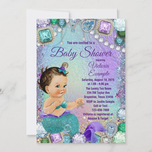 Jewel Mermaid Brunette Mermaid Baby shower Kaart (Voorkant)