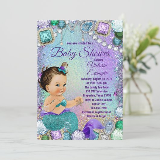 Jewel Mermaid Brunette Mermaid Baby shower Kaart (Staand voorkant)