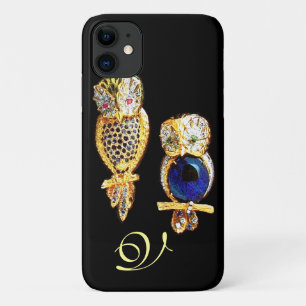 JEWEL OWLS, Gold, Blue Sapphire, Topaz White Pearl iPhone 11 Hoesje