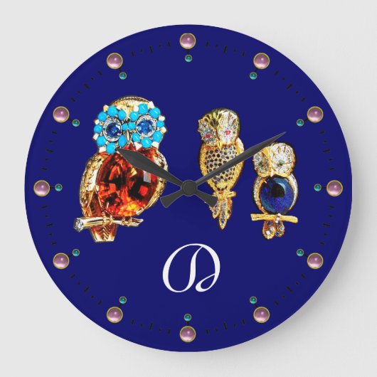 JEWEL OWLS Monogram Gold, Blue Turquase topaz Grote Klok (Voorkant)