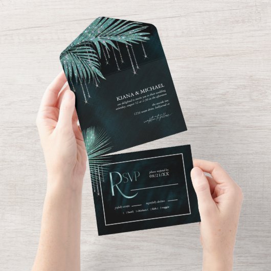 Jewel Palm Leaf Wedding Blauwgroen ID830 All In One Uitnodiging (Afscheurbaar)