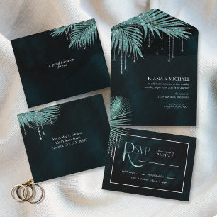 Jewel Palm Leaf Wedding Blauwgroen ID830 All In One Uitnodiging