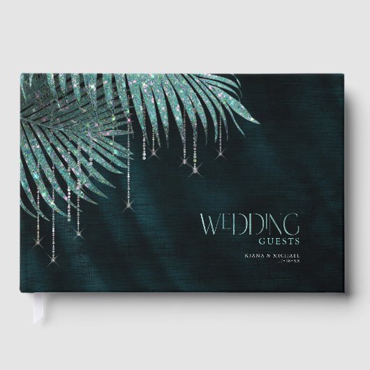 Jewel Palm Leaf Wedding Blauwgroen ID830 Gastenboek (Voorkant)