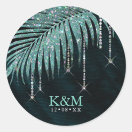 Jewel Palm Leaf Wedding Blauwgroen ID830 Ronde Sticker
