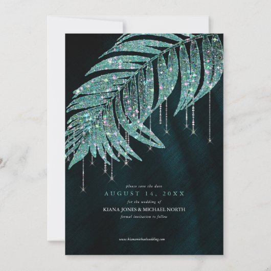 Jewel Palm Leaf Wedding Blauwgroen ID830 Save The Date (Achterkant)