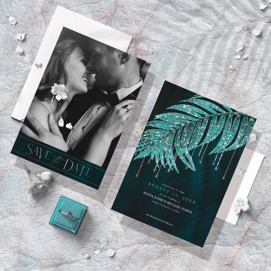Jewel Palm Leaf Wedding Blauwgroen ID830 Save The Date